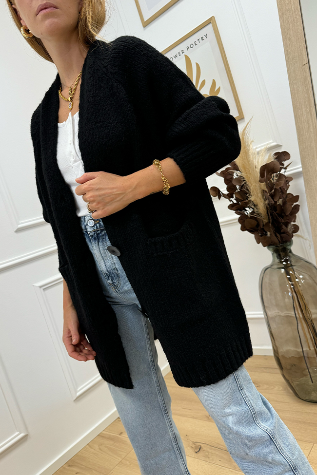 Haveone - Cardigan lungo nero con bottoni misto alpaca