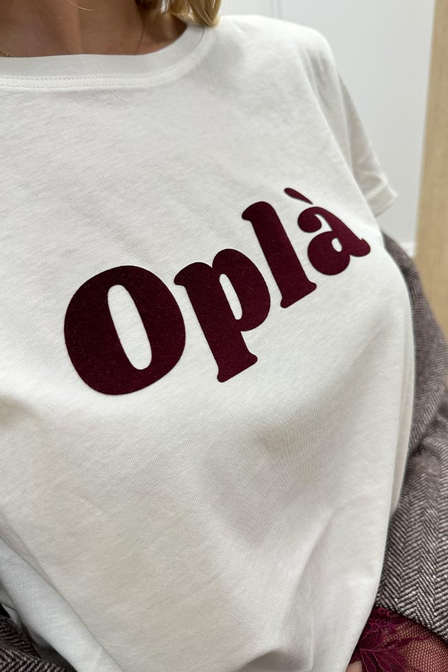 Vicolo - T shirt bianca stampa "Oplà" floccata bordeaux