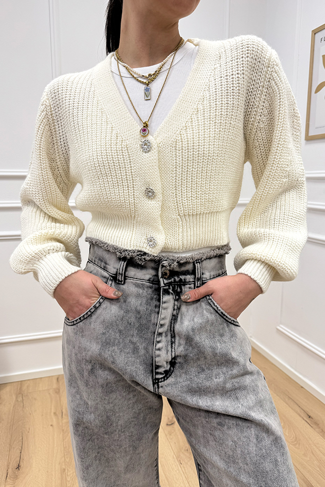 Haveone - Cardigan cropped panna con bottoni gioiello