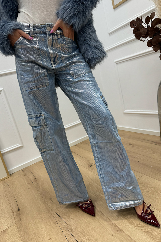 Glamorous - Jeans cargo spalmato argento