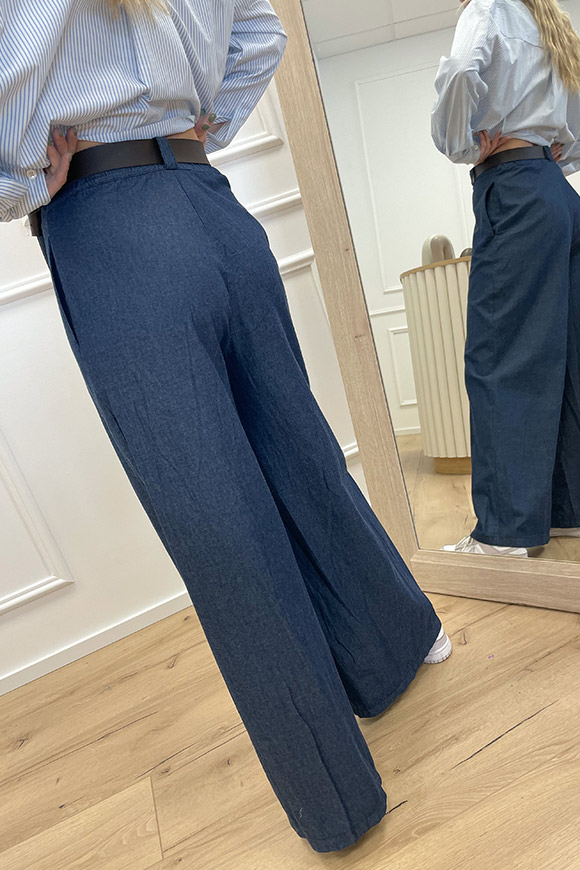 Haveone - Pantaloni palazzo in chambray con cintura