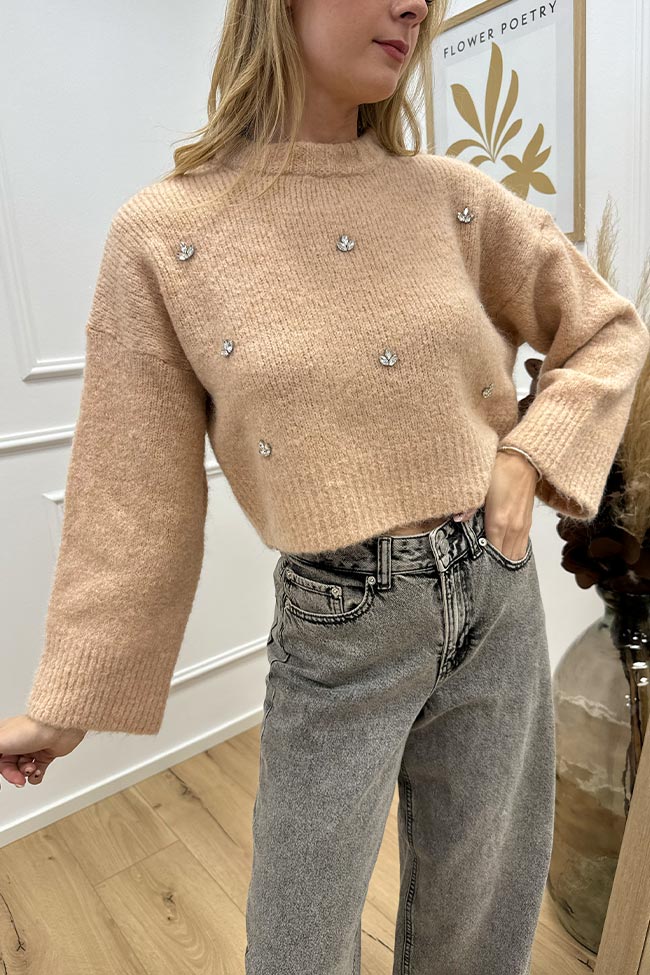 Vicolo - Maglione crop nude in mohair con cabochon