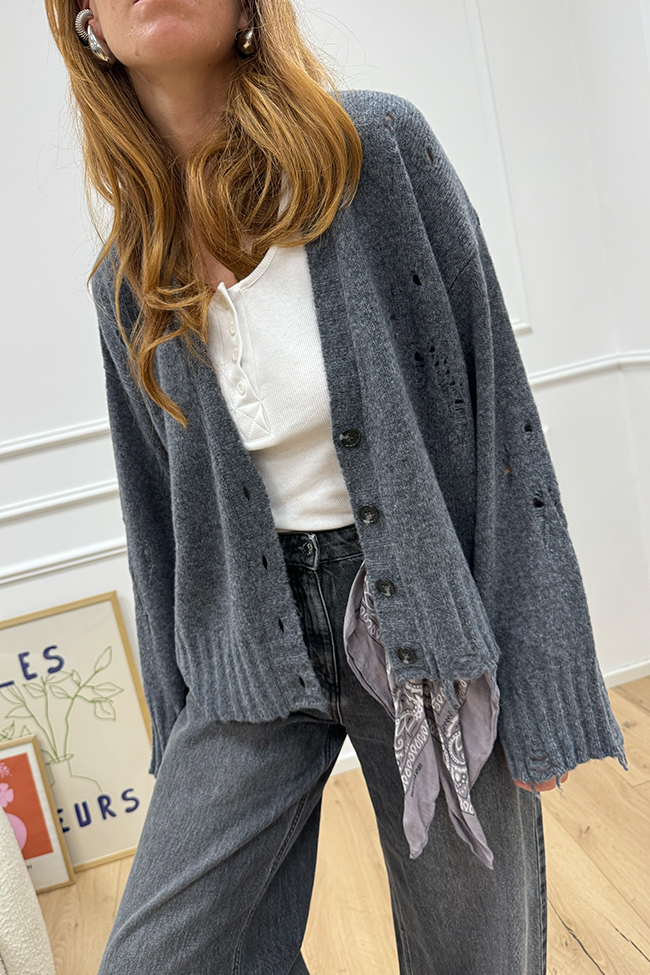 Aniye By - Cardigan Daisy grigio in lana con rotture