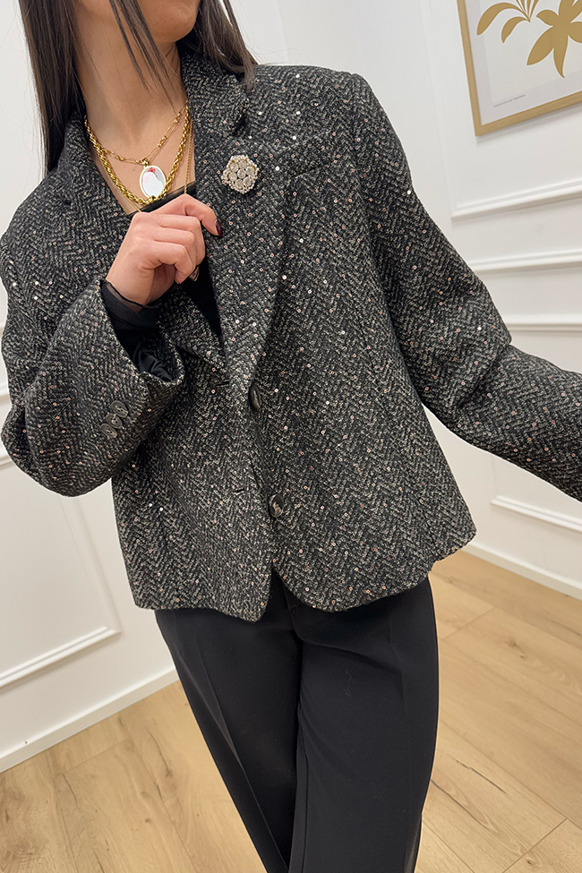 Haveone - Giacca cropped tweed nera, beige con micro paillettes