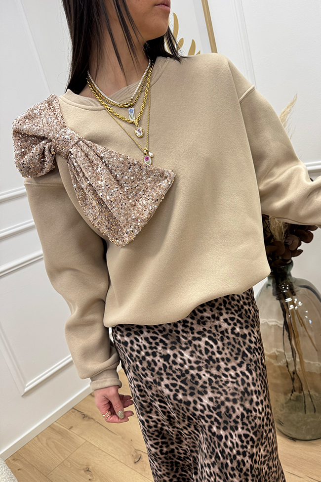 Tensione In - Felpa beige con maxi fiocco in paillettes