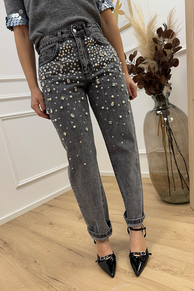 Haveone - Jeans Louis grigio scuro con perle e strass