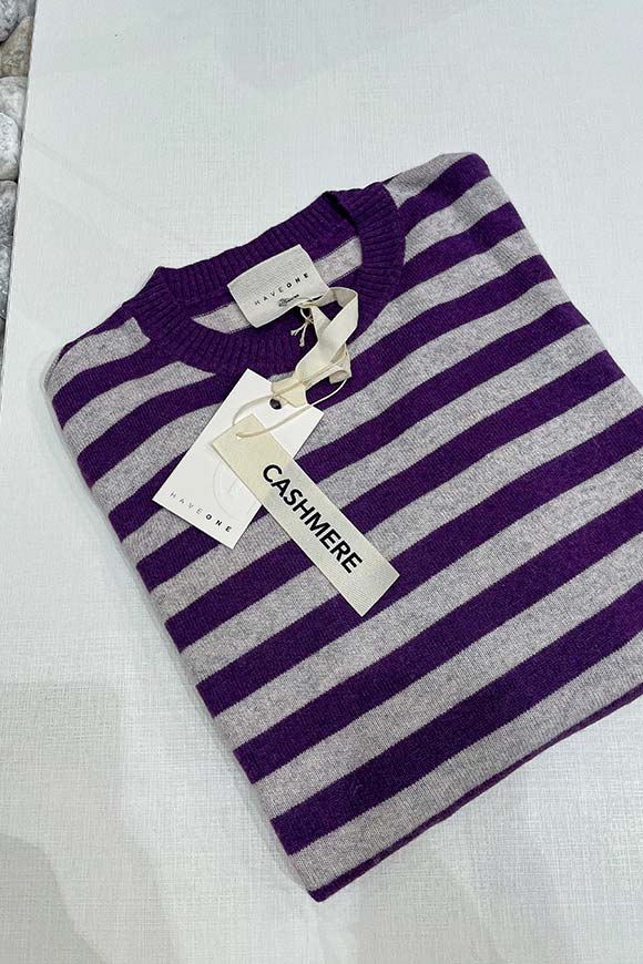 Haveone - Maglia riga stretta viola, perla in cashmere