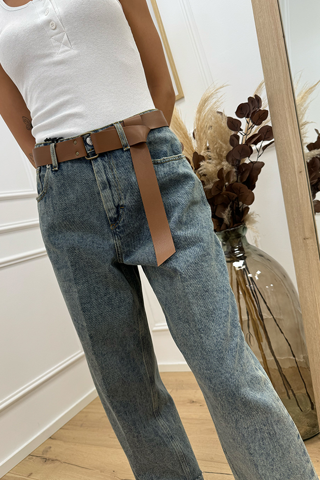 Haveone - Jeans Mandy sabbiato con cintura cuoio