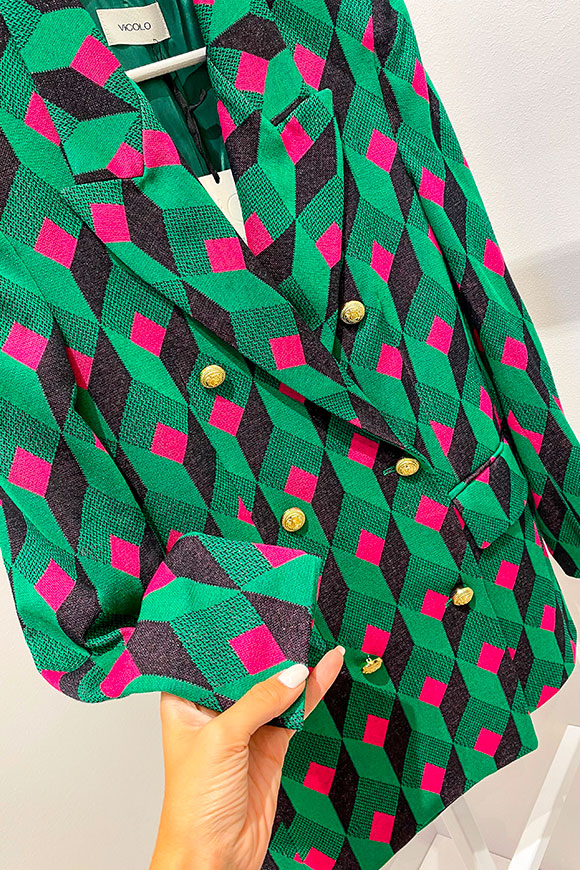 Vicolo - Macro houndstooth jacket in green, black, fuchsia