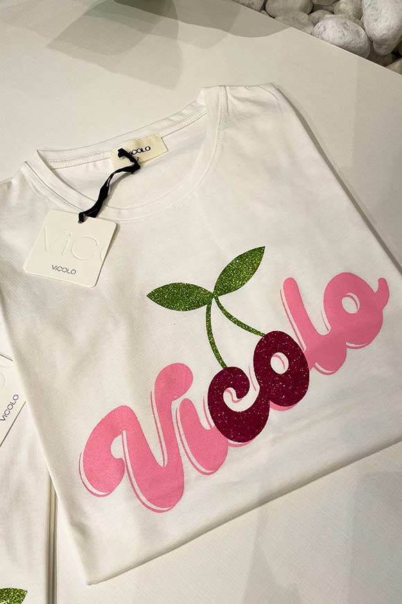 Vicolo - T shirt bianca logo Vicolo rosa con ciliegia