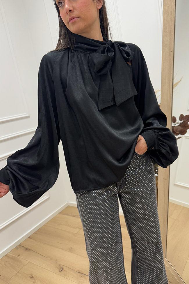 Haveone - Blusa nera fiocco al collo e manica balloon