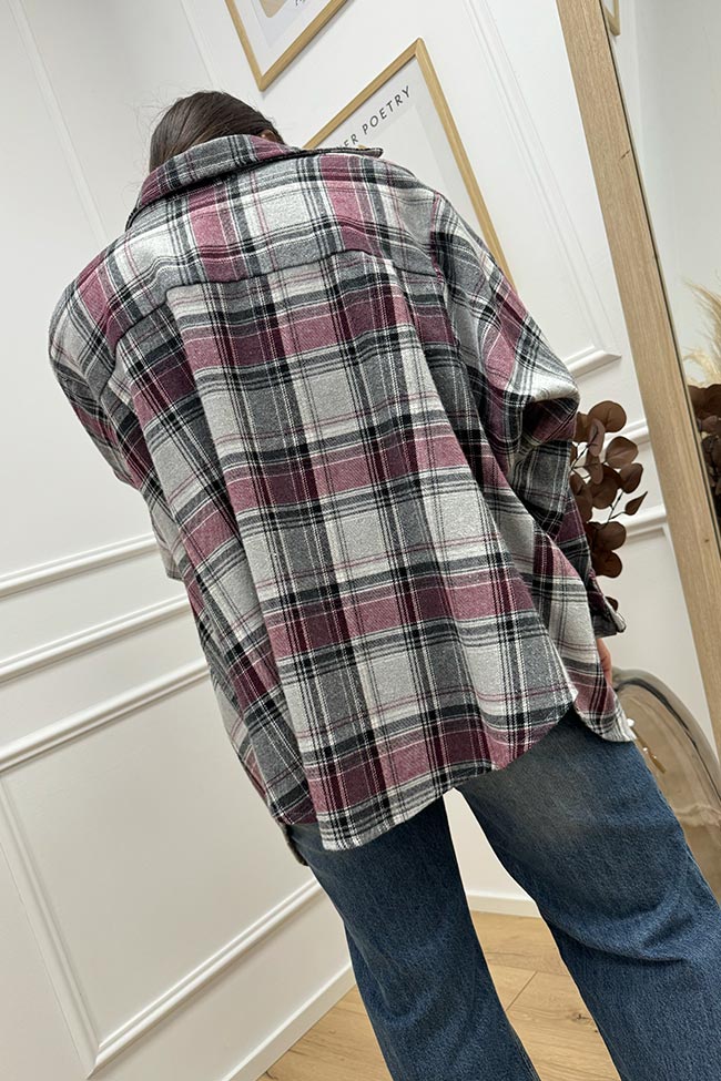 Haveone - Camicia oversize tartan grigia, bordeaux con tasca