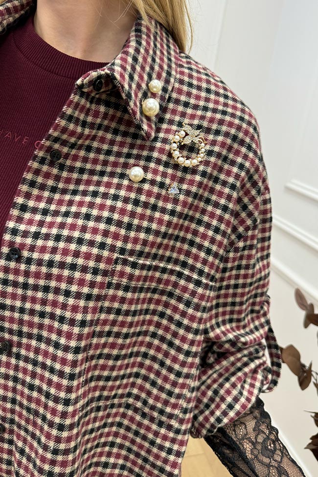 Haveone - Camicia quadretti bordeaux manicotti in pizzo