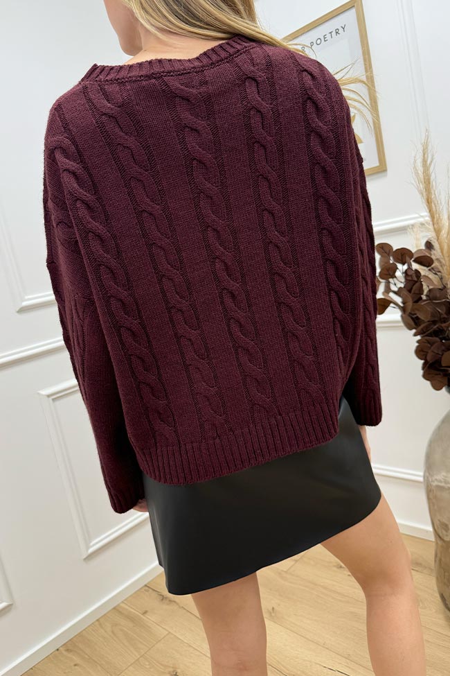 Haveone - Maglione girocollo bordeaux a trecce