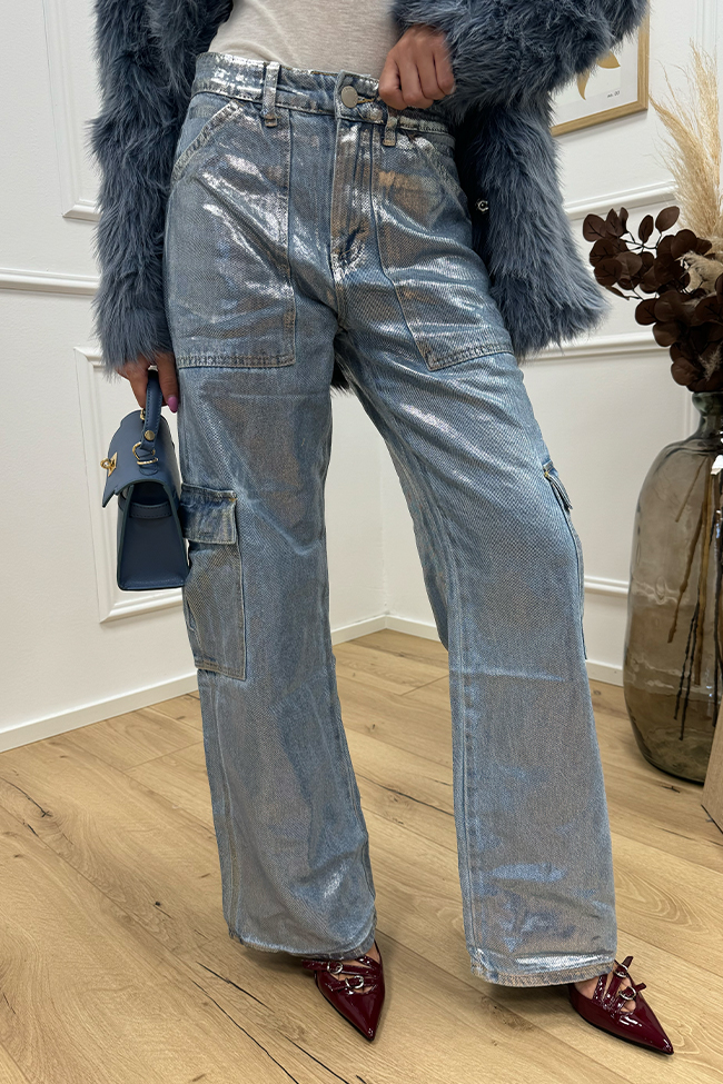 Glamorous - Jeans cargo spalmato argento