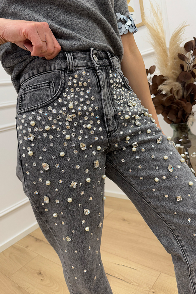 Haveone - Jeans Louis grigio scuro con perle e strass