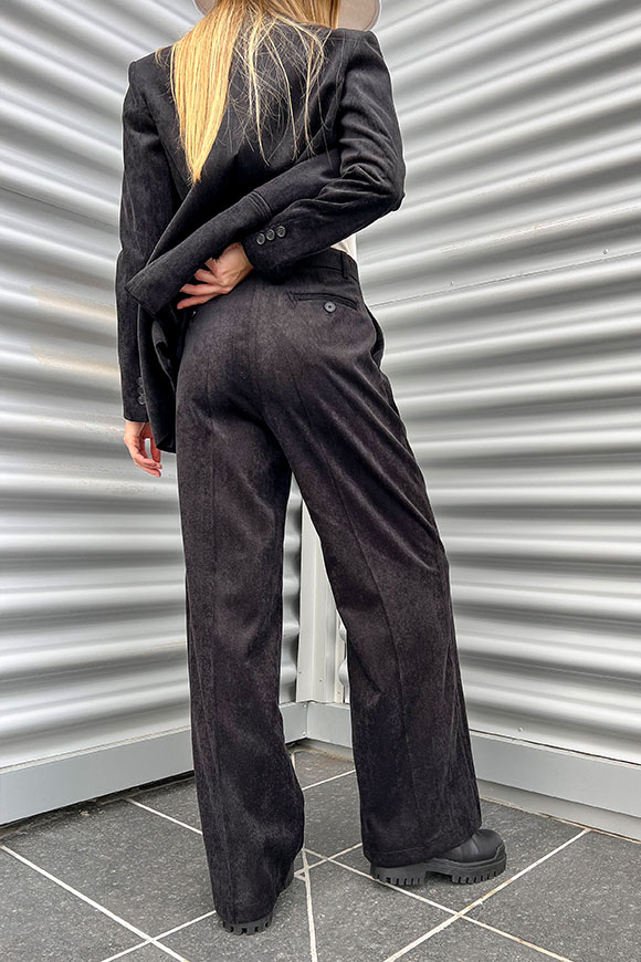 Vicolo - Pantaloni neri palazzo wide fit in velluto millerighe