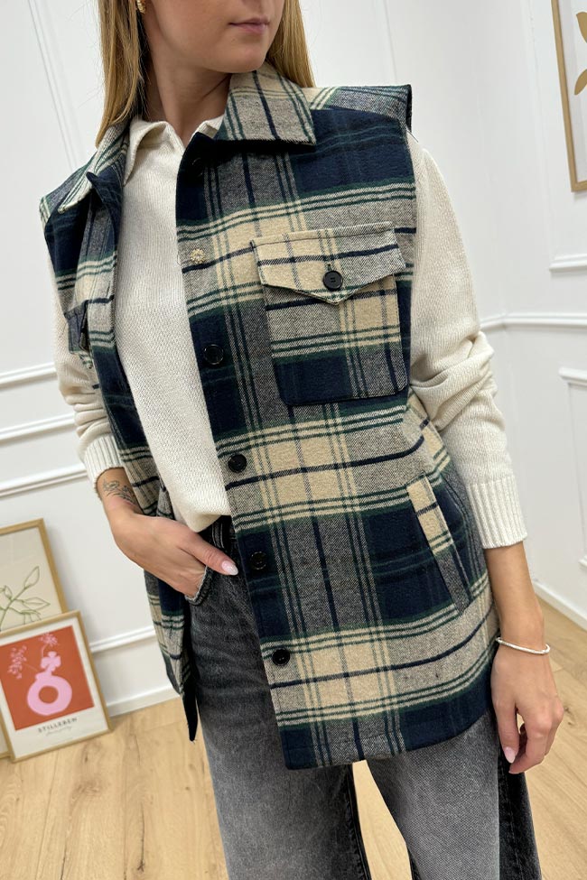 Vicolo - Gilet oversize check verde, blu e beige