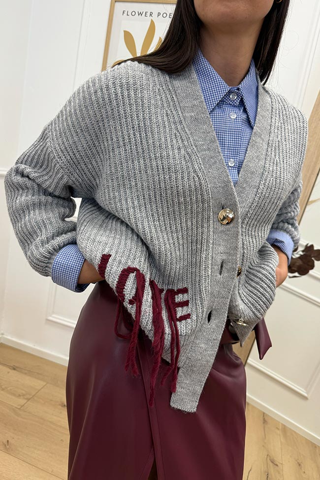 Vicolo - Cardigan grigio ricamo "Love"