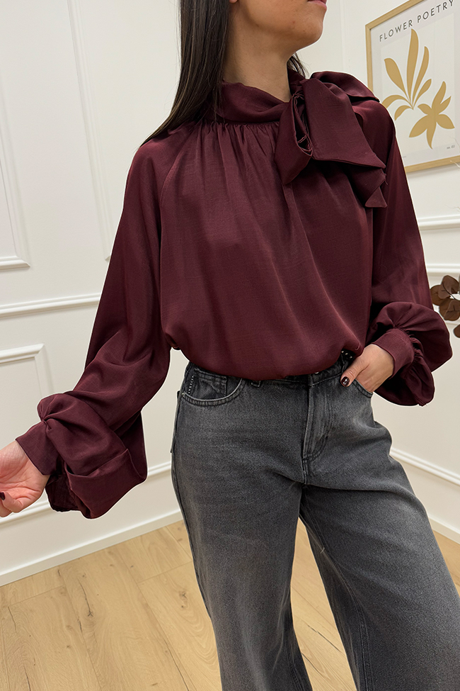 Haveone - Blusa bordeaux fiocco al collo e manica balloon