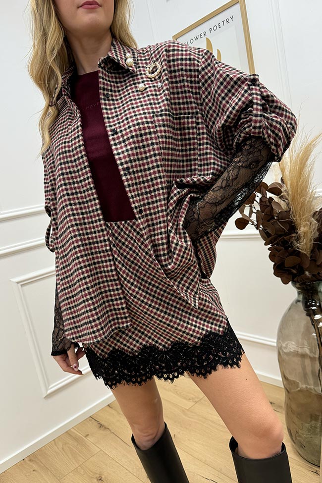 Haveone - Gonna mini quadretti bordeaux con pizzo