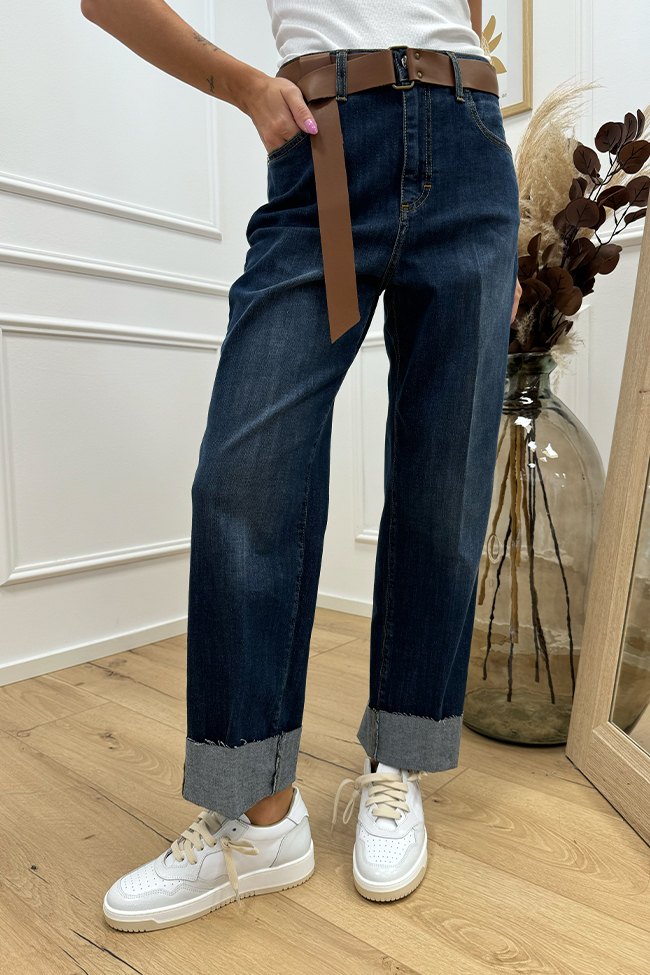 Haveone - Jeans Mandy blu scuro con cintura cuoio