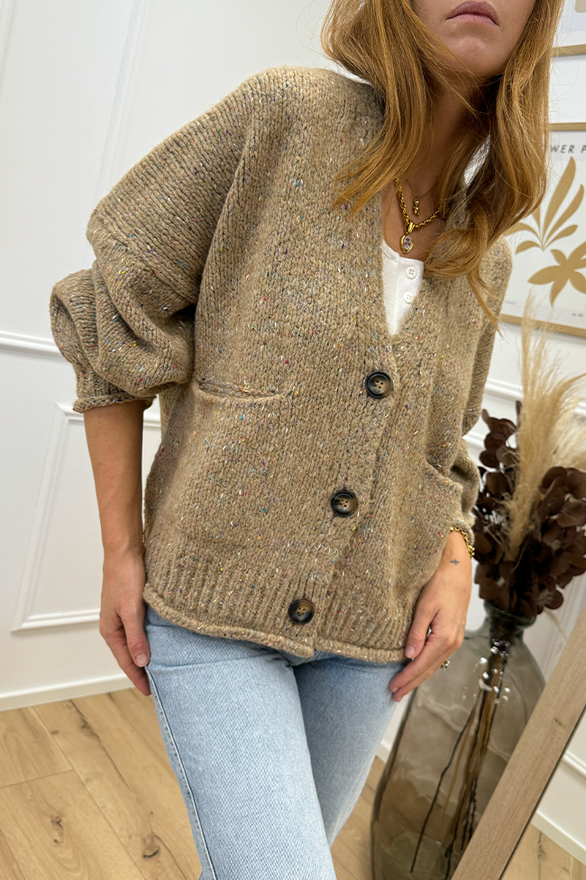 Haveone - Cardigan corto cammello filo multicolor con bottoni