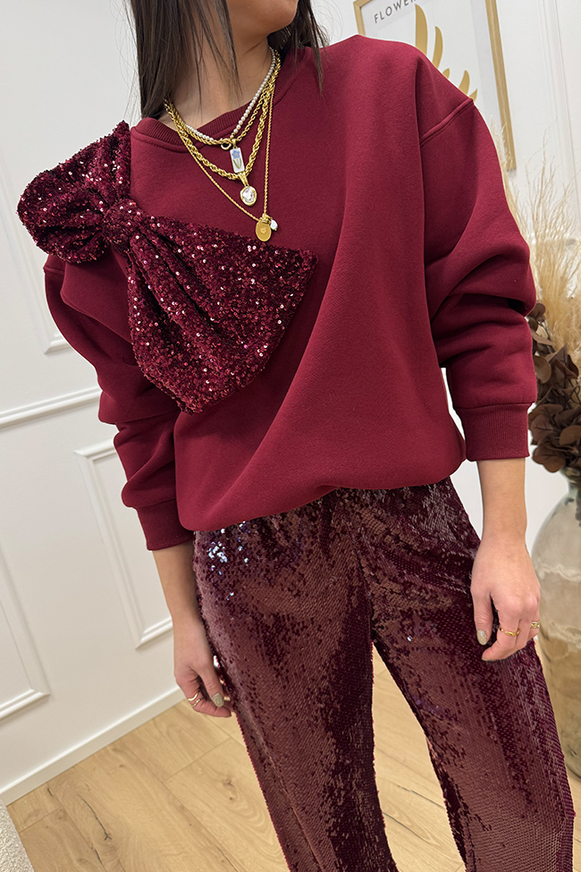 Tensione In - Felpa bordeaux con maxi fiocco in paillettes