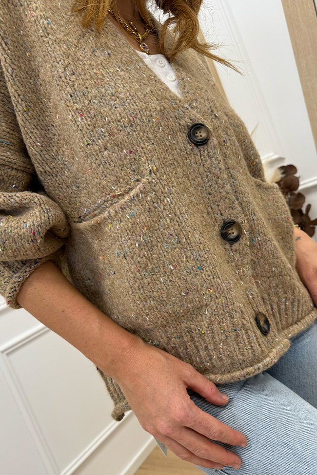 Haveone - Cardigan corto cammello filo multicolor con bottoni