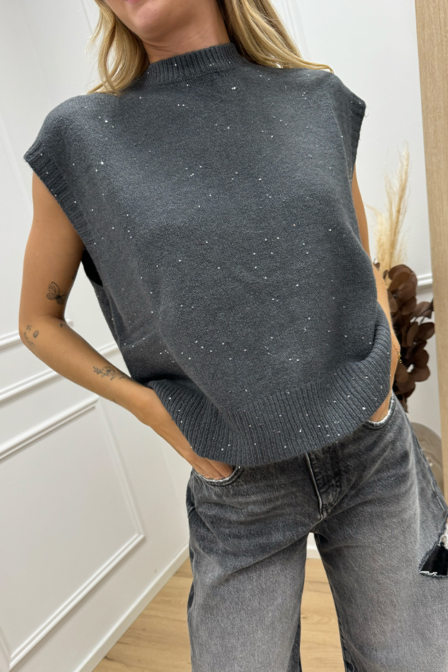 Haveone - Gilet grigio antracite in maglia con paillettes