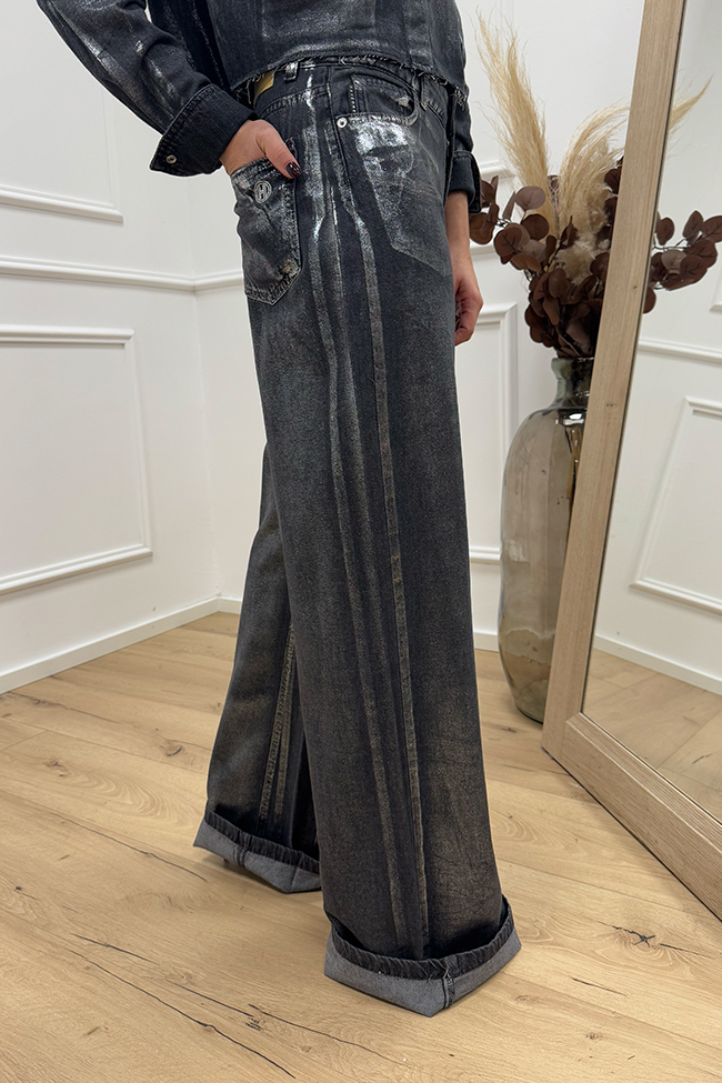 Haveone - Pantaloni neri spalmati argento wide leg fit