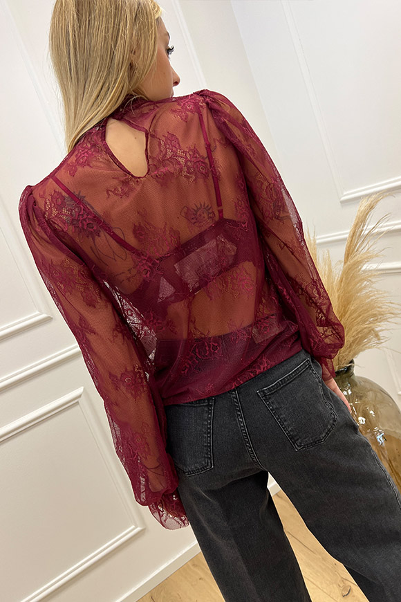 Haveone - Blusa in pizzo bordeaux collo alto