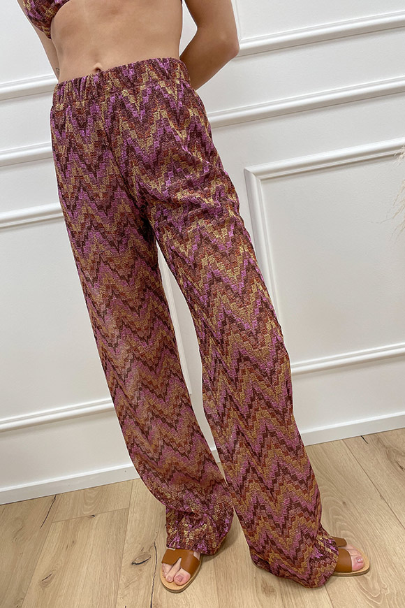 Haveone - Pantaloni in lurex viola, cioccolato e oro