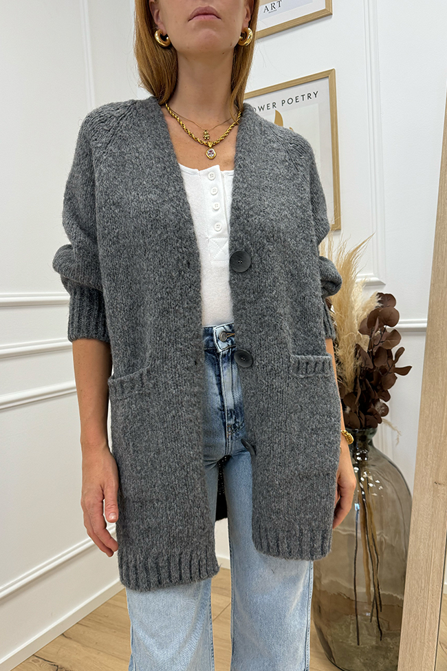 Haveone - Cardigan lungo grigio antracite con bottoni misto alpaca