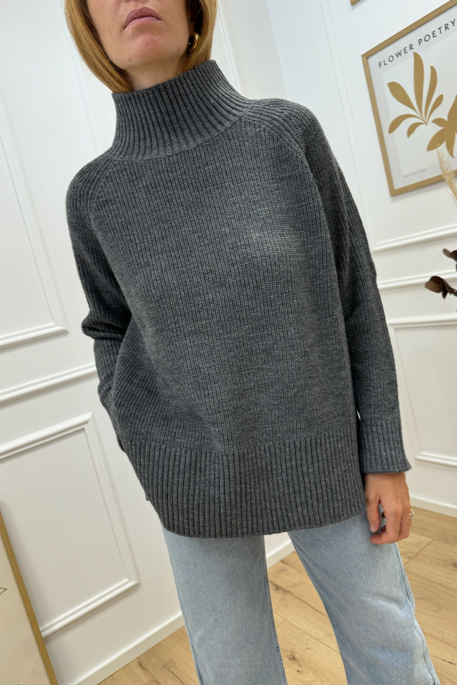 Kontatto - Maglione collo a cratere grigio scuro con spacchi