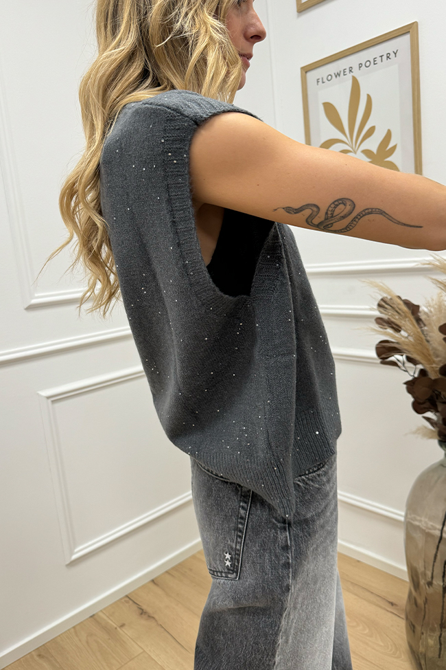 Haveone - Gilet grigio antracite in maglia con paillettes