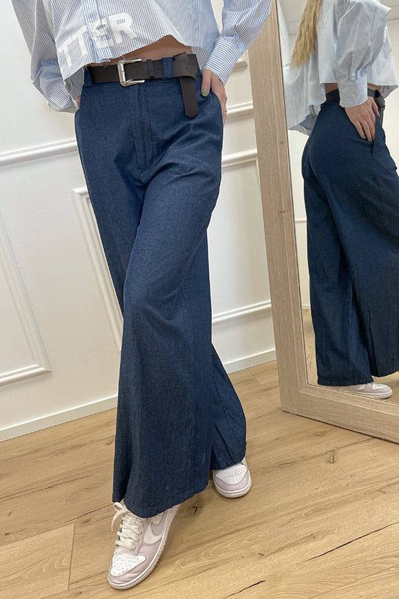 Haveone - Pantaloni palazzo in chambray con cintura