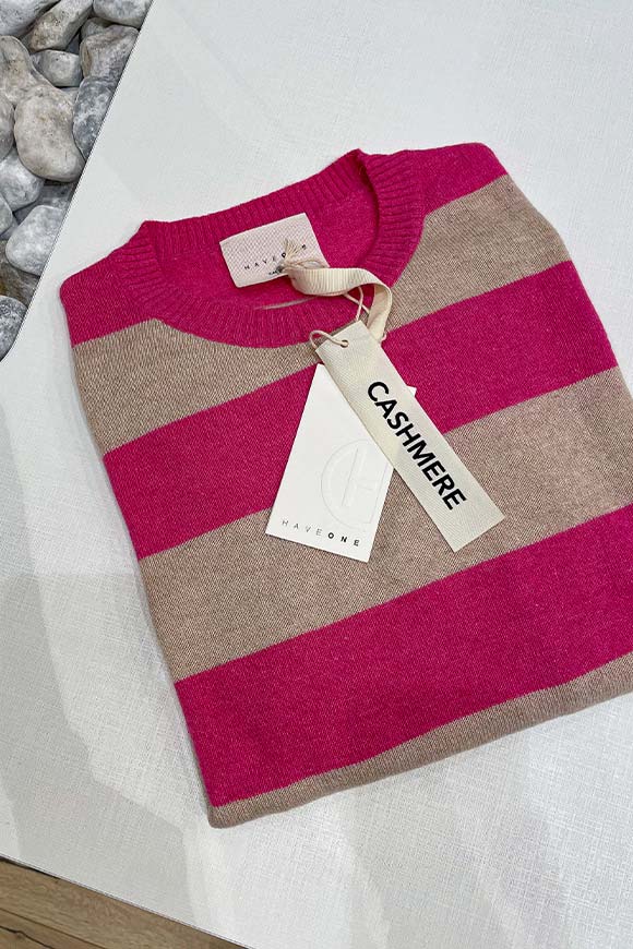 Haveone - Maglia riga larga fucsia, beige in cashmere