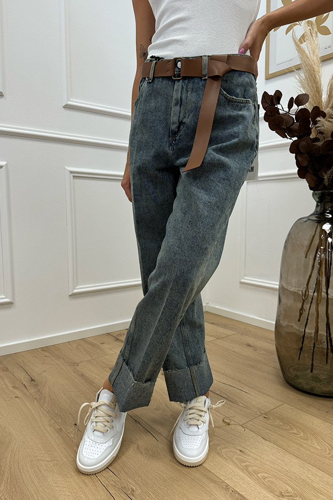 Haveone - Jeans Mandy sabbiato con cintura cuoio