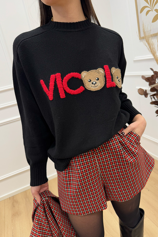 Vicolo - Maglione nero ricamo logo teddy