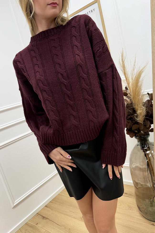 Haveone - Maglione girocollo bordeaux a trecce