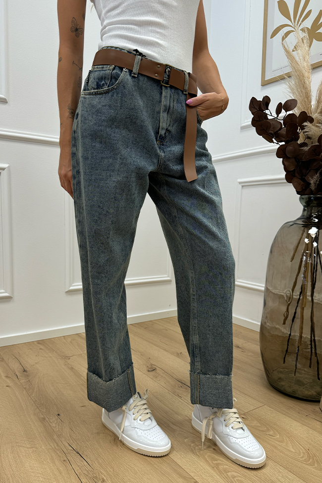 Haveone - Jeans Mandy sabbiato con cintura cuoio