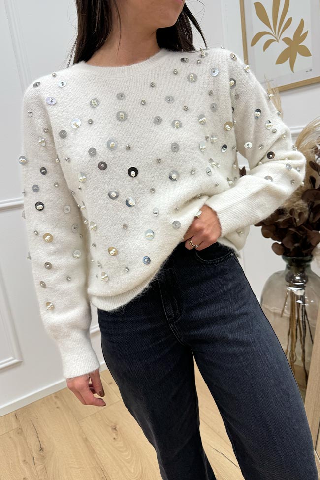 Icona - Maglia panna misto alpaca con strass e perle