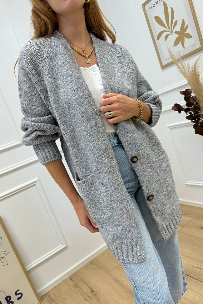 Haveone - Cardigan lungo perla filo multicolor con bottoni