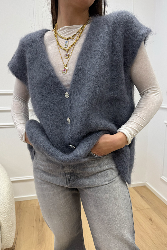 Tensione In - Gilet mohair cemento con bottoni gioiello