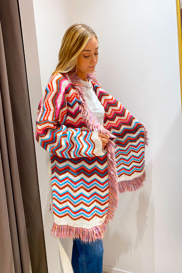 Vicolo - Cream, pink and light blue poncho fringed with gold flecks